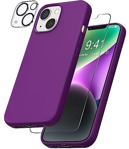 YATWIN Case Compatible for iPhone 14 with 1 Pack Screen Protector + 1 Pack Camera Lens Protector, Liquid Silicone Slim Soft Rubber Shockproof Phone Case Compatible for iPhone 14 (6.1Inch) - Purple