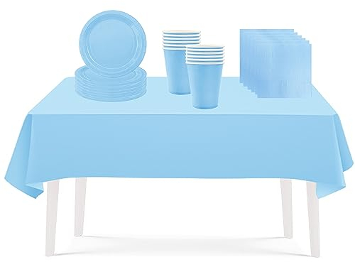 53PCS Light Blue Party Tableware Decorations for Kids Birthday, Disposable Tableware Set with Tablecloth, 7inch Paper Plates, Cups, Paper Napkins for Xmas Birthday Wedding Party Favor