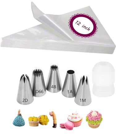1M 2D 1A 4B D66 Piping Tips and Bags with Coupler,5 Large Frosting Tips Set for Rosettes,Drop FLower,Macarons,Churros,Eclairs,20 Disposable Pastry Bags for Decorating,1 Large Coupler