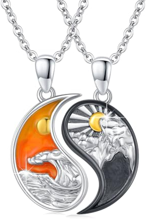 JFASHOP Yin Yang Halskette 925 Sterling Silber Taichi Paar BFF Kette Berg Sonne Anhänger Halskette 2 Stück Yin Yang Kette Schmuck Geschenke für Damen Herren Couple