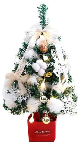 LICHENGTAI Künstlicher Weihnachtsbaum Weiß, 60CM Esstisch Schnee Fallender Weihnachtsbaum mit Weihnachtskugeln und LED Beleuchtung, Geeignet für Weihnachten Partys Zuhause Drinnen und Draußen