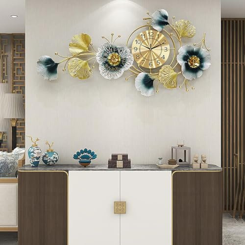 HAODING Kreative Wanduhren Zum Aufhängen, Moderne Wanduhren, Nicht Tickende Dekore, Wall Art, Dekor, Ginkgo-Blatt, Dekorative Wanduhr Für Zuhause, Für Bauernhaus, Loft(Color:105 * 55cm)