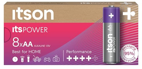 ITSON, AA batterie alcaline, confezione da 8, per orologi, torce, telecomandi, confezione senza plastica, LR6IPO/8CB
