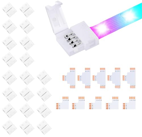 LED Strip Verbinder 4 Polig für 10mm Weite LED Streifen Enthält 5 Eckverbinder, 5 T Form Verbinder und 20 LED Streifen Verbinder für Lückenlos Lötfrei Verbinder