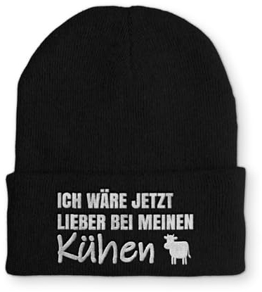 tshirtladen Spruchmütze Strickmütze Kühe Landwirt Wintermütze Mütze lustige Beanie mit Stick, Farbe: Black