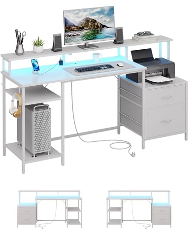 Scrivania PC, Tavolo per Computer, Scrivania con 2 Cassetti, Scrivania Gaming con LED e Presa, Scrivanie con Scaffale per Stampante e Supporto per Monitor, 2 Ganci, Ripiani Regolabili, 160 cm, Bianca