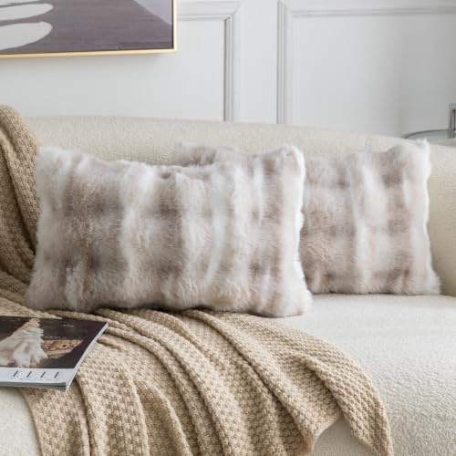Madizz 2er Set Sanft Plüsch Kurze Wolle Samt Dekorativ Zierkissenbezüge Luxus Stil Kissenbezug für Sofa für Schlafzimmer Weiß Taupe 40x80 cm