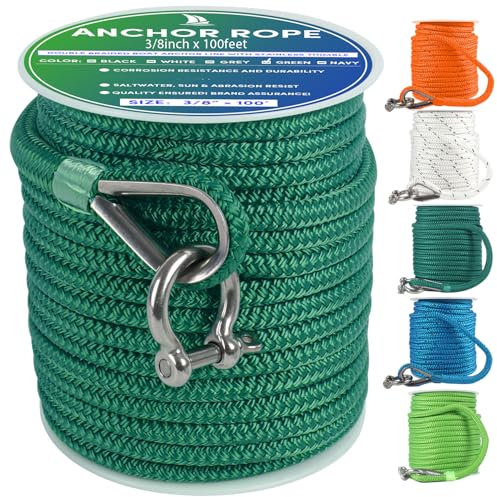 VEITHI Premium Anchor Rope 100 ft x 3/8 inch, Double Braided Boat Anchor Rope with Thimble & Shackle - Forest Green