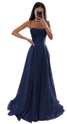 Glitzernde Pailletten Tüllkleider Damen Spaghettiträger Formelle Abendkleider Lange A Linie Partykleider Navy Blue XS