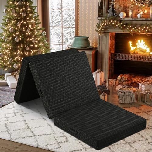 MeMoreCool Klappmatratze, Faltbare Matratze, 3-Teilige Faltmatratze, 10cm Dicke Schwamm Matratze Klappbar, Gästematratze mit Microfaser Waschbarem Bezug, Bodenmatratze, 90x200cm, Schwarz