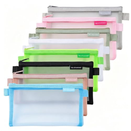 Koceci Nylon-Federmäppchen mit Reißverschluss, Make-up-Tasche für Damen, Gitter-Mesh-Federmäppchen, tragbar, Büro, Schule, Schreibwaren, Aufbewahrungstasche für Studenten, Erwachsene, bunt, 8 Stück