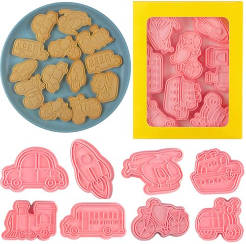8 Pcs Transportation Vehicle Cookie Cutters Set Baking Molds 3D Transportation Vehicle Press type Cookie Cutter for Baking, Fondant, Cheese, and Pastries