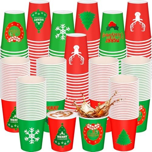 Jingmore 300 Pcs 8 oz Christmas Disposable Cups Christmas Paper Coffee Cups Xmas Tree Snowflake Snowman Elk Party Drinking Cups Xmas Holiday Supplies for Hot Cold Beverage Chocolate Tea Cocoa