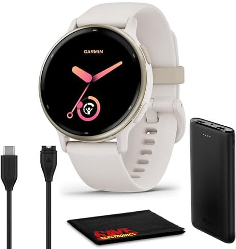 Garmin Vivoactive 5 Health and Fitness GPS Smartwatch for Men and Women with Cream Gold Aluminum Bezel, Ivory Case Silicone Band, 1.2” AMOLED Touchscreen Display, 11 Days Battery Life (Bundle)