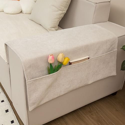 Sofa Arm Rest Organiser Hanging Sofa Caddy Storage Pocket Bag TV Remote Control Holder with 5 Pockets Armchairs Couch Organiser Phone Holder Foldable Pouch Chair Tidy Space Saver (Beige Chenille)