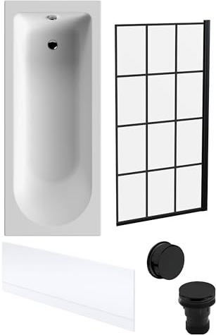 Balterley 1700 x 700mm Round Shower Bath with Leg Set, Black Square Framed Shower Screen, Black Waste, & Front Bath Panels, Straight Single Ended Gloss White Soaking Bathtubs, Rectangular Bathtub