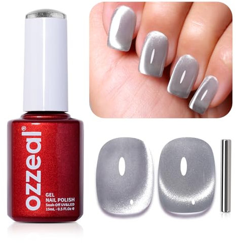 Ozzeal Cat Eye UV Gel Nagellack, 15ML Silber Magnetischer Katzenauge UV Nagellack Frühling Sommer Glitter Gel Nagellack Holographisch Shimmer Gel Nail Polish Soak Off UV Led