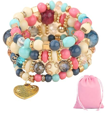 DHWEKU Boho Holzperlen Armband, 4 Stück Boho Quaste Armband für Damen, Frauen Baum des Lebens Charm Statement Armreifen, Kristall Perle