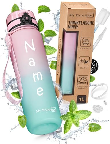 My Vesperbox – Minny - Kinder Trinkflasche - Personalisiert mit deinem Name – 500,750, 1000ml ink. Strohhalm oder Sieb - BPA frei - für Kindergarten, Schule, Sport, Freizeit(Rosa - Türkis 1L)