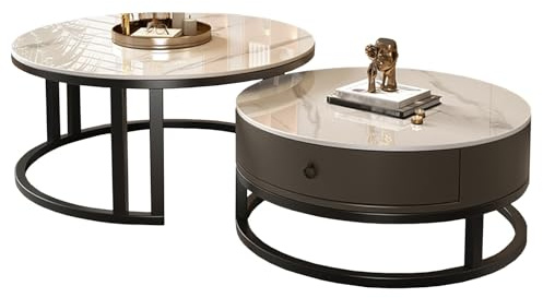 jwfxiaodige Satztisch-Couchtisch, 2er-Set, Wohnzimmertisch Rund mit Schublade, Hochharte, Glänzende Steinplatte, Geräuschlose Schublade aus Massivholz, Freies Kombinationsdesign(Multi-Colored)