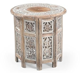 iAnanas Kleiner rustikaler Couchtisch – Handgefertigter Beistelltisch aus Mangoholz mit weiß getünchtem Finish, Vintage-Beistelltisch aus Massivholz für Wohnzimmer oder Schlafzimmer – 45 x 45 x 45 cm