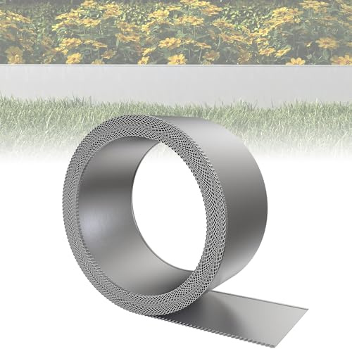 ACXIN Metall Rasenkante 15 cm hoch, verzinkte Oberfläche, Vielseitige Beeteinfassung für Rindenmulch, als Mähkante oder Baumring, Robust, Flexibel und Schnell zu Installieren(Silber, 20M)