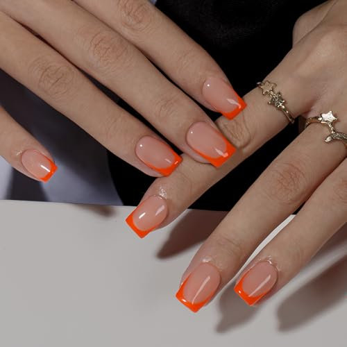 KQueenest French Tip False Nails with Glue, Neon Orange Press on Nails Short Square, Natural Nude Short Fake Nails Press ons, Reusable Bright Vibrant Soft Gel Stick on Nail for Women, 30 Pcs