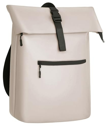 Glamexx24 Wasserdichter Rolltop-Rucksack mit 17-Zoll-Laptopfach, Beige | Flexibles Volumen mit 46 × 32 × 13 cm, atmungsgefülltem Mesh-Rückenteil und verstellbaren Schulterriemen.