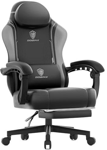 Dowinx Gaming Stuhl, Ergonomischer Gamer Sessel aus PU-Leder mit Lendenstütze, Massagefunktion und breiter Rückenlehne, Belastbar bis 150 kg, grau