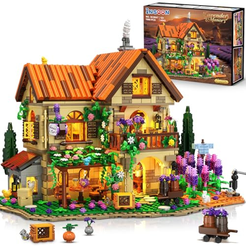 INSOON Lavendel Herrenhaus Bauspielzeug mit Licht für Erwachsene ab 12+ | Lavendel Klemmbausteine Konstruktions Modell, Romantisches Häuser Spielzeug für Jugendliche Jungen Mädchen 12+, 1960 Stück
