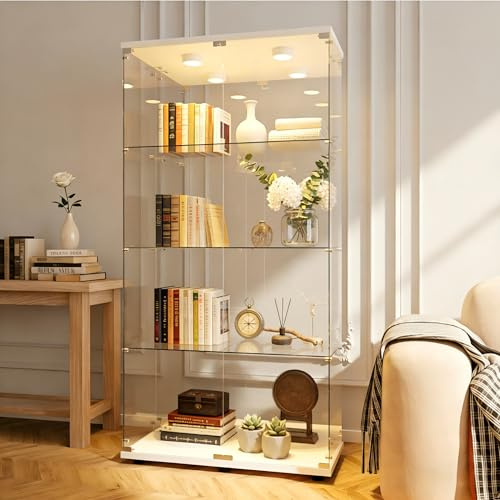 ZHDOKA Vetrina in vetro con LED, armadio vetrina per collezione con 2 ante 4 ripiani in serratura, temperato trasparente armadio da collezione moderno per camera da letto, soggiorno, 78,5x35x163cm