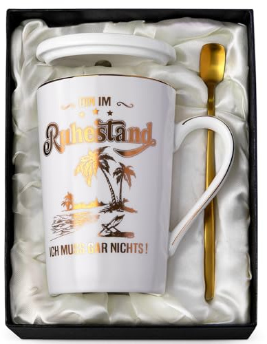 Ruhestand Geschenk Frauen Mann - 14Oz Keramik Kaffeebecher mit Geschenkbox | Renteneintritt Geschenk Frau, Keramik Rentner Abschied Rente Pension Ruhestand mit Deckel, Löffel und Grußkarte