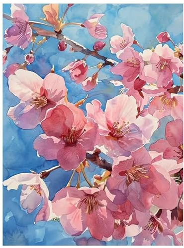Qiukoo Diamond Painting Erwachsene Blumen – 30×40cm Kirschblüten Diamond Painting, 5D Vollbohrer Bastelset zur Entspannung, als Geschenk und für Zuhause als Wanddekoration