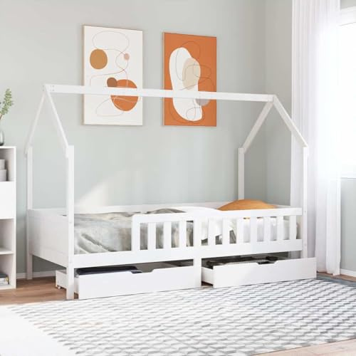 Owoxanthellate Kinderbett 90x190 cm mit Schubladen, Massivholz Weiß, Kiefernhaus-Einzelbett mit Lattenrost, Stauraum, ab 4 Jahre