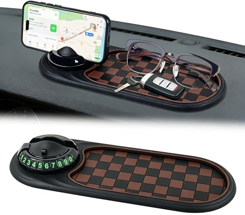 Jasvelly Multifunktionale Auto Handyhalterung, 360° Drehbar Anti Rutsch Armaturenbrett Matte aus ABS und TPU mit Parknummer Autodekorationen Universell Passend für PKW, SUV, Wohnmobil