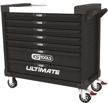 KS TOOLS - 825.0007 - Servante d'atelier 7 tiroirs - Servante d'atelier Vide Ultimate XL Noire - Servante Vide avec Plateau INOX