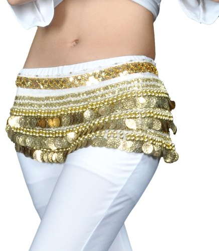 BellyLady Bauchtanz Rock Wickel Hüfttuch Multi Row Goldmünzen Weiß