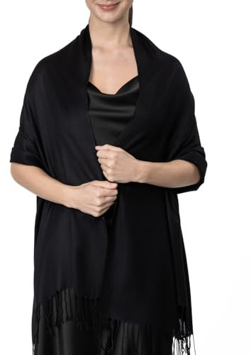 Achillea Großer weicher seidiger Pashmina-Schal in einfarbigen Farben, Schwarz, 27 W x 78 L