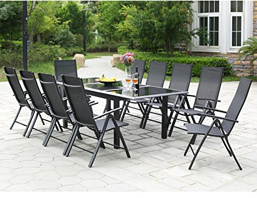 CONCEPT USINE- Salon de Jardin en Aluminium - Ensemble Mobilier d'Extérieur : Table Extensible Mécanisme Papillon + 10 Chaises Pliables et Inclinables - Gris - Design Ravenne - Robuste Résiste à l'Eau