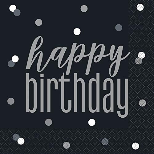 Unique Party Supplies 83582 Papierservietten - 16,5 cm - Glitzer Schwarz & Silber Geburtstag - 16er-Packung, Mittel