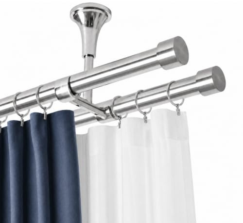 Rollmayer Gardinenstange Ø19mm 480cm Edelstahl 2-läufig | Deckenbefestigung, mit Crux, ohne Ringe, für Schlafzimmer und Büro