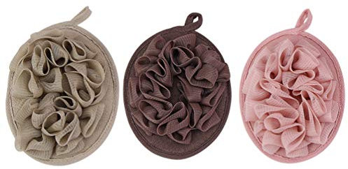 Éponge de Bain 3 Pcs Éponge de Luffa Exfoliant Pouf Nettoyage Du Corps Luffa Accessoire de Bain Boule de Fleur (Kaki Café Foncé Rose Foncé)