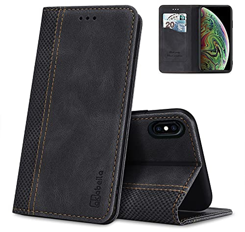 AKABEILA iPhone XS Max Hülle Leder, iPhone XS Max Handyhülle Silikon, Kompatibel für Apple iPhone XS Max Schutzhülle Brieftasche Klapphülle PU Magnetverschluss Kartenfächer Hüllen, Schwarz
