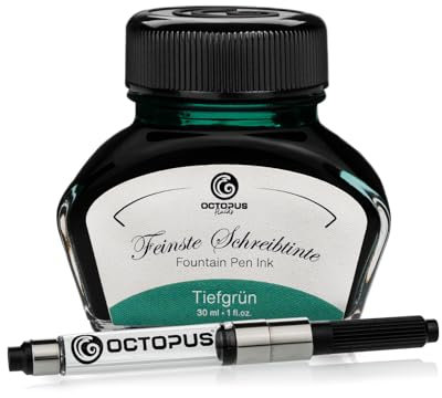 Octopus Fluids Füllhaltertinte im Tintenglas inklusive Konverter, Schreibtinte für Füllhalter, Füllertinte in Tiefgrün 30ml mit Tintenkonverter