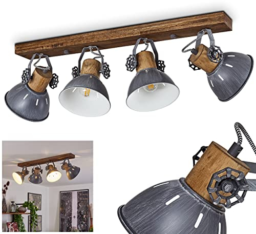 Deckenleuchte Orny, Deckenlampe im Vintage-Design aus Metall/Holz in Grau/Weiß/Dunkelbraun m. Lichtschlitzen, Leuchte m. Holzbalken, Textilkabeln u. verstellbaren Strahlern, 4 x E27, ohne Leuchtmittel