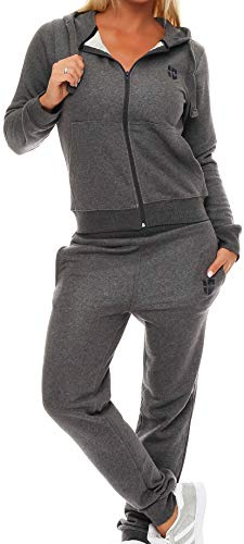 Gennadi Hoppe Damen Jogginganzug Frauen Zweiteiler Set Jacke Hose Trainingsanzug Sportanzug Sweatsuit Freizeitanzug Track Suit Sport Anzug Baumwolle bequem weich sportlich lässig M grau H6856