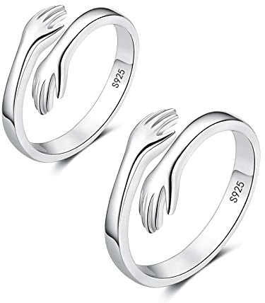 Zolkamery Umarmungsring Silber 925 Damen Ringe, 925 Sterling Silber Umarmung Paare Ringe Set, Verstellbar Umarmende Hände Trauringe Verlobungsring, Silber Unisex Veränderbar Zehenringe Öffnen Ring