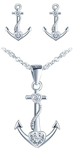 CPSLOVE Halskette Ketten Ohrringe für Damen mädchen, 925 Silber Schmuck-Sets, Anker - Herz Halskette Anhänger, 45cm Kette, Anker Ohrringe, Eingelegter Zirkon