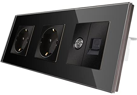 CNBINGO Enchufe Schuko de cristal empotrado con combinación CAT6 red TV, doble enchufe negro, enchufe de pared doble con marco de cristal