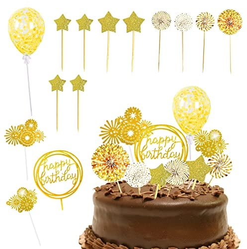 14 adornos para tartas de cumpleaños, globos de confeti, ventiladores de papel, decoraciones de feliz cumpleaños, inserciones acrílicas, fuegos artificiales(dorado)